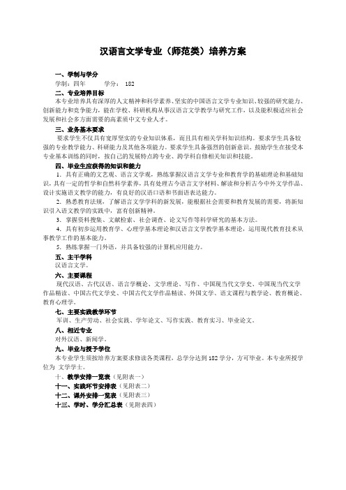 汉语言文学培养方案