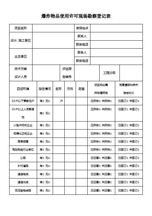 公安治安管理机关出具爆炸物品使用许可现场勘察登记表模板