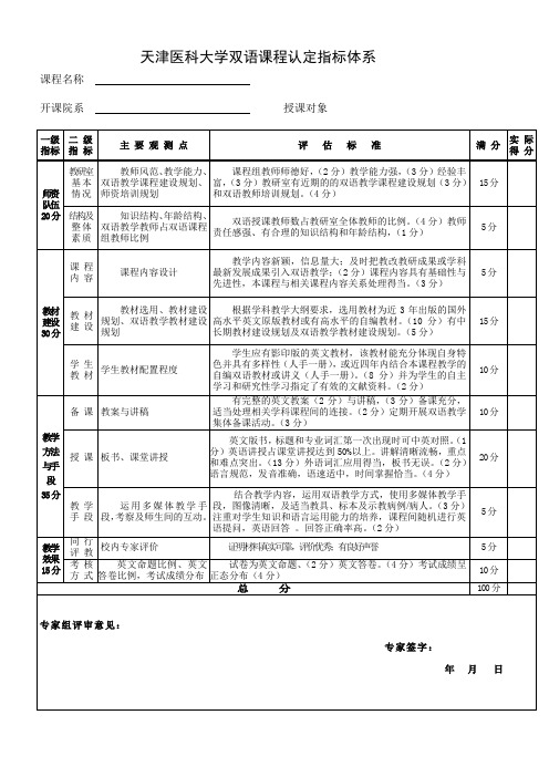 天津医科大学双语课程认定指标体系.