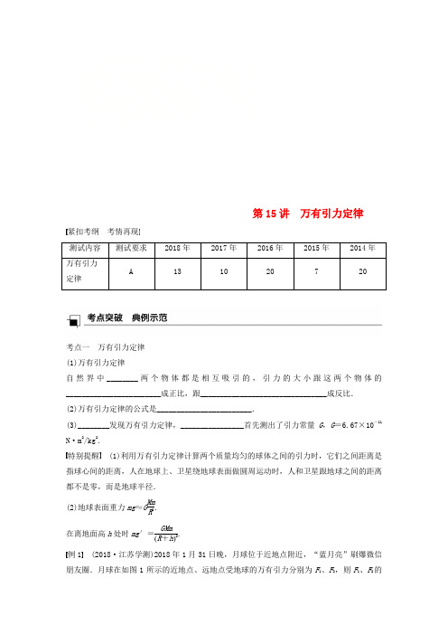 江苏省2019版高中物理学业水平测试复习 第六章 万有引力与航天 第15讲 万有引力定律学案 必修2