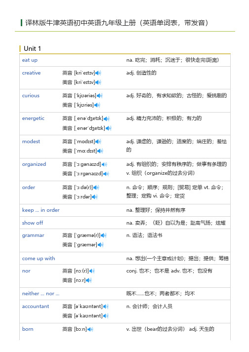 译林版牛津英语初中英语九年级上册(英语单词表)