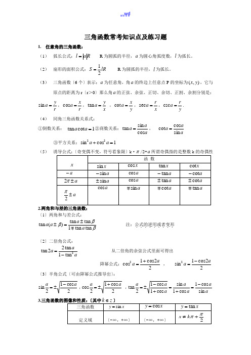 高中三角函数常考知识点和练习题集