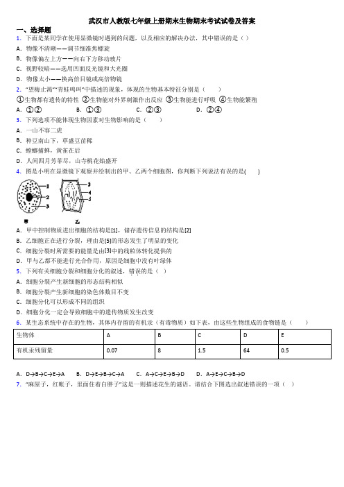 武汉市人教版七年级上册期末生物期末考试试卷及答案