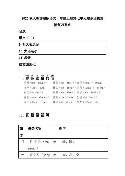 2020秋人教部编版语文一年级上册第七单元知识点梳理 附复习要点  课文(三)