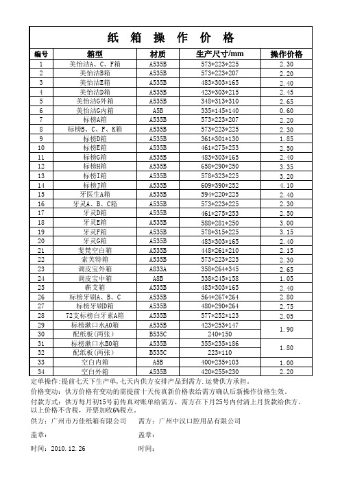 纸箱操作价格表