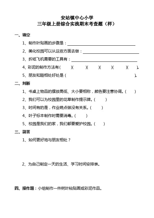 三年级上册综合实践考查题