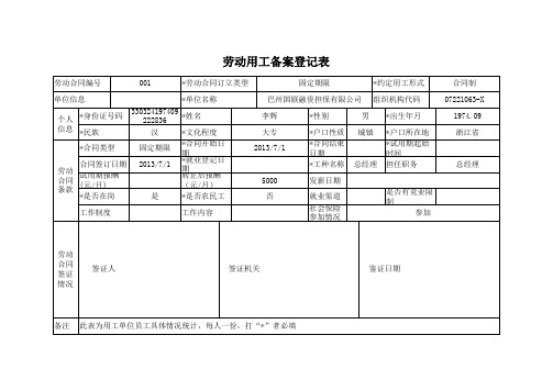 劳动用工备案登记表个人信息