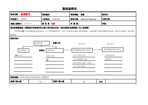 qc组长职位说明书与KPI