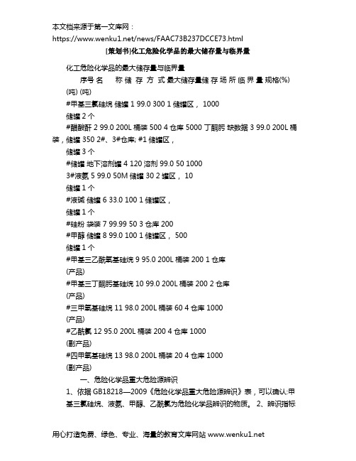 [策划书]化工危险化学品的最大储存量与临界量