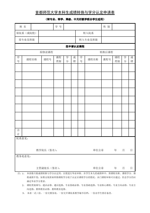 首都师范大学本科生成绩转换与学分认定申请表