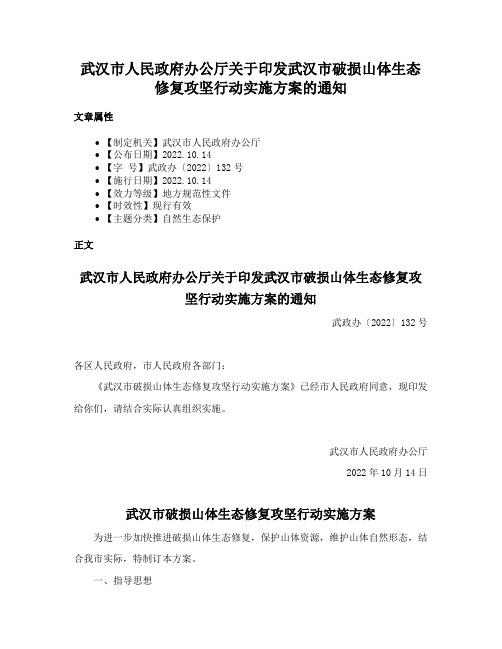 武汉市人民政府办公厅关于印发武汉市破损山体生态修复攻坚行动实施方案的通知