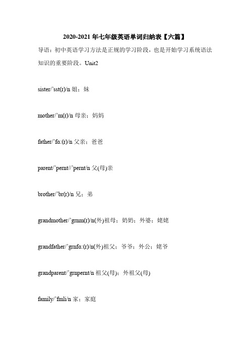 2021年新版七年级英语单词归纳表【六篇】汇总