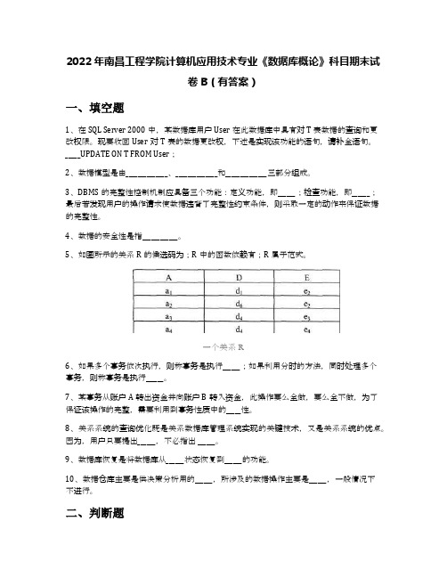 2022年南昌工程学院计算机应用技术专业《数据库概论》科目期末试卷B(有答案)