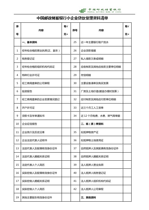 中国邮政储蓄银行小企业贷款受理资料清单