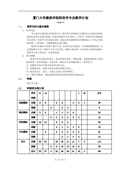 厦门大学嘉庚学院财政学专业教学计划