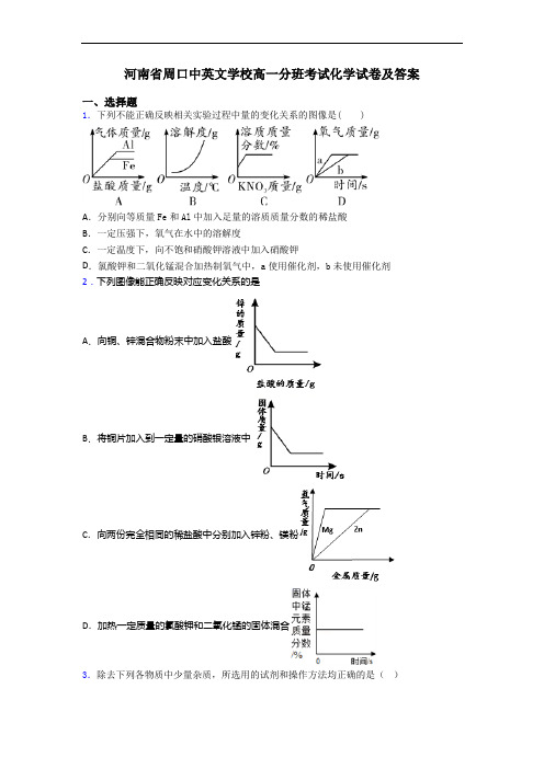 河南省周口中英文学校高一分班考试化学试卷及答案