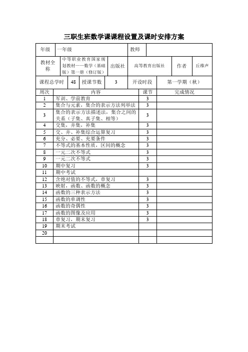 三职生班数学课课程设置及课时安排方案