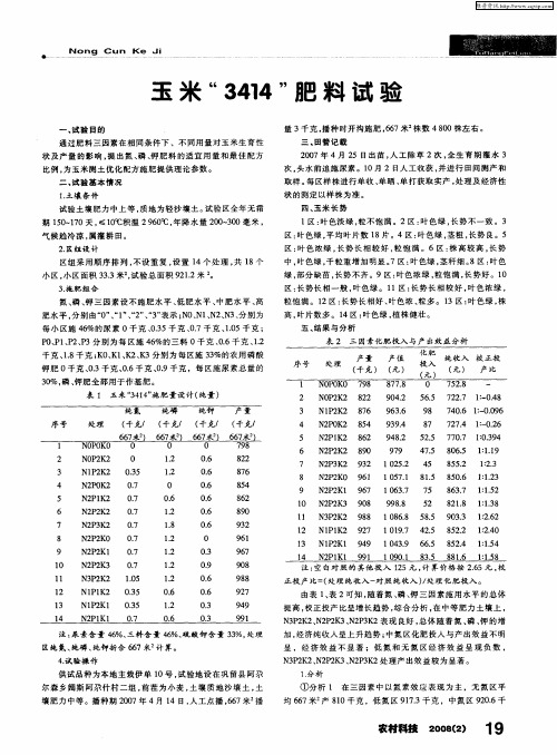 玉米“3414”肥料试验