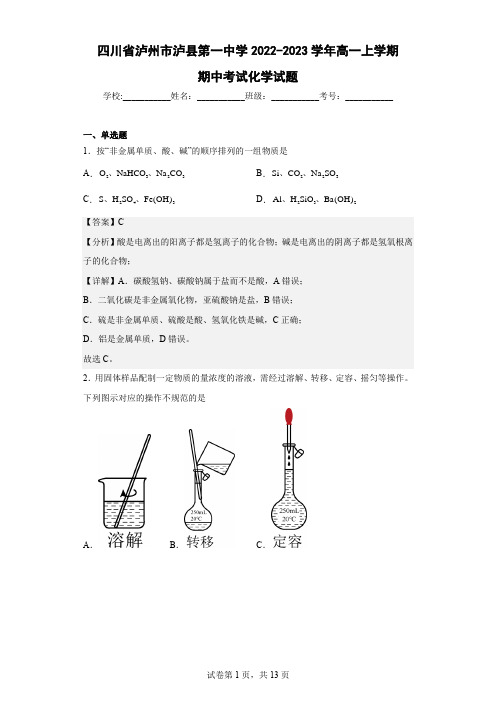 2022-2023学年四川省泸州市泸县第一中学高一上学期期中考试化学试题(解析版)