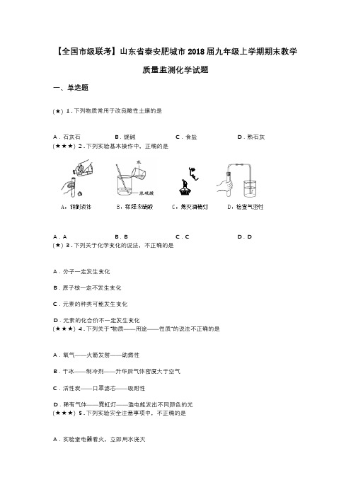 【全国市级联考】山东省泰安肥城市2018届九年级上学期期末教学质量监测化学试题