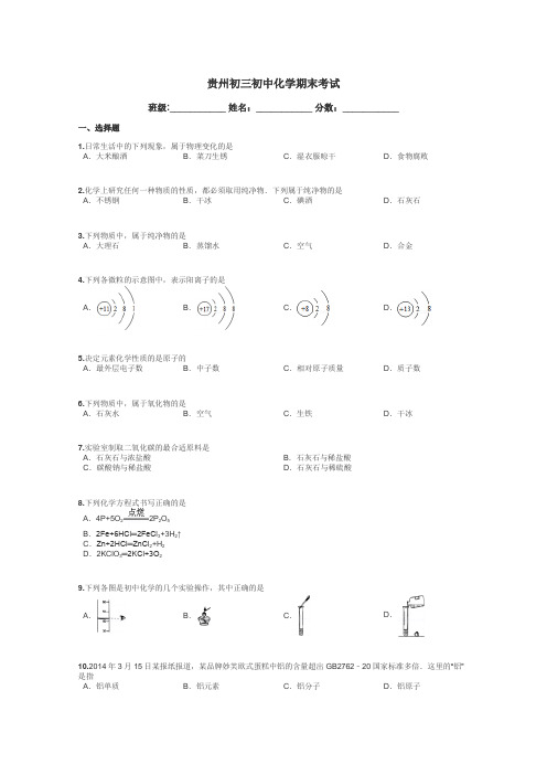 贵州初三初中化学期末考试带答案解析
