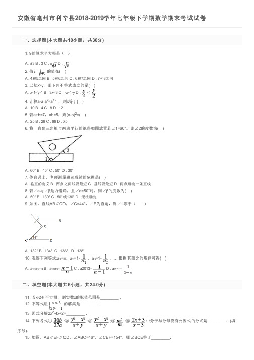 安徽省亳州市利辛县2018-2019学年七年级下学期数学期末考试试卷及参考答案