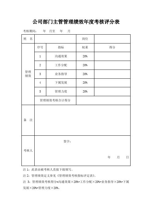 公司部门主管管理绩效年度考核评分表