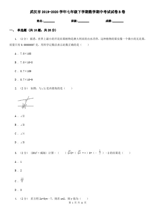 武汉市2019-2020学年七年级下学期数学期中考试试卷B卷