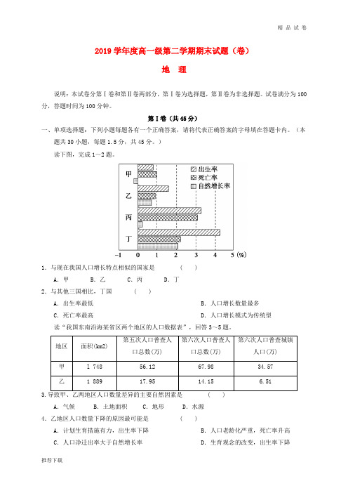 2019学年高一地理下学期期末考试试题新人教版