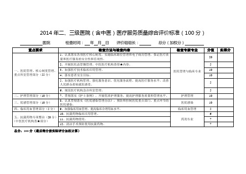 2014年二、三级医院(含中医)医疗服务质量综合评价标准(100分)