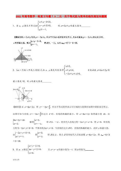 2021-2022年高考数学一轮复习专题7.3二元一次不等式组与简单的线性规划问题测
