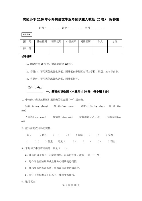 实验小学2020年小升初语文毕业考试试题人教版(I卷) 附答案