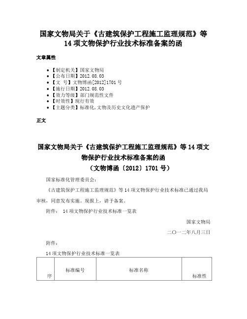 国家文物局关于《古建筑保护工程施工监理规范》等14项文物保护行业技术标准备案的函