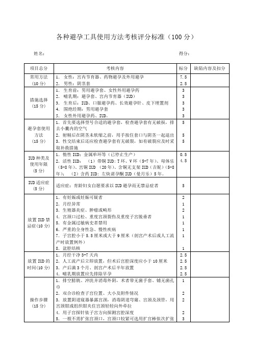 各种避孕工具使用方法考核评分标准