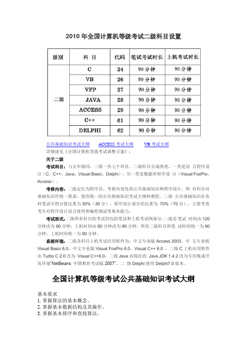 2010年全国计算机等级考试二级科目设置