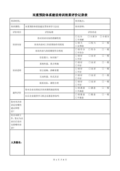 双重预防体系建设培训效果评价记录表