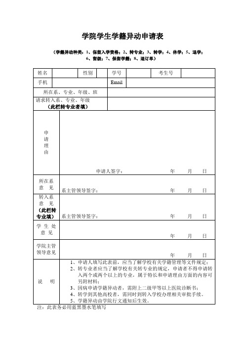 学院学生学籍异动申请表