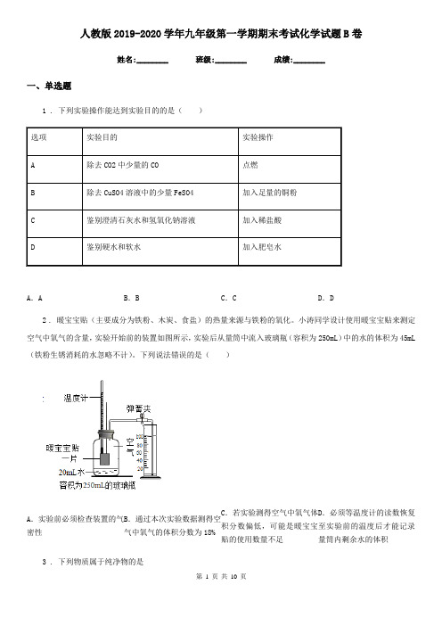 人教版2019-2020学年九年级第一学期期末考试化学试题B卷