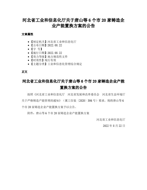 河北省工业和信息化厅关于唐山等6个市20家铸造企业产能置换方案的公告