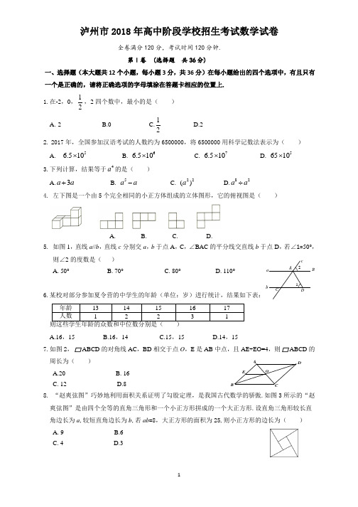 2018年四川省泸州中考数学试题及答案