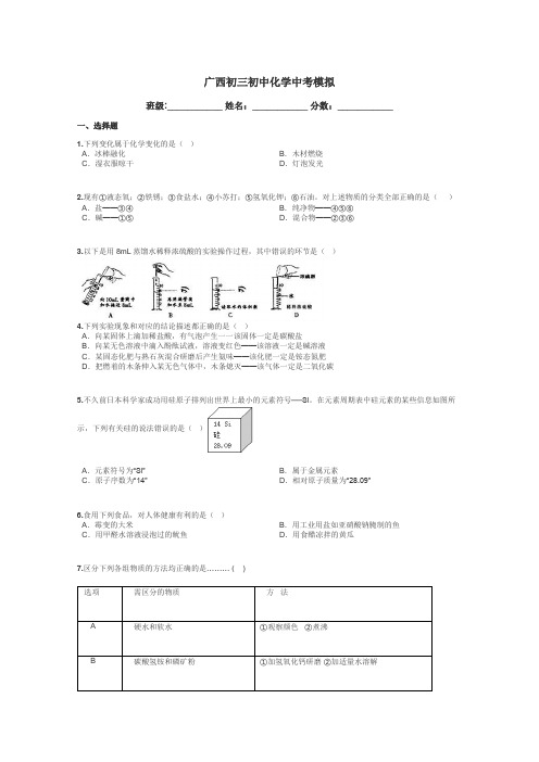 广西初三初中化学中考模拟带答案解析
