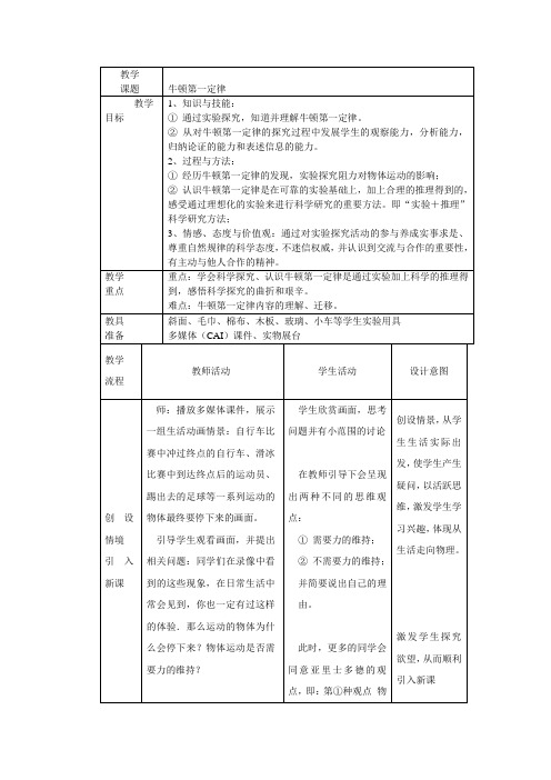 初中物理牛顿第一定律教案