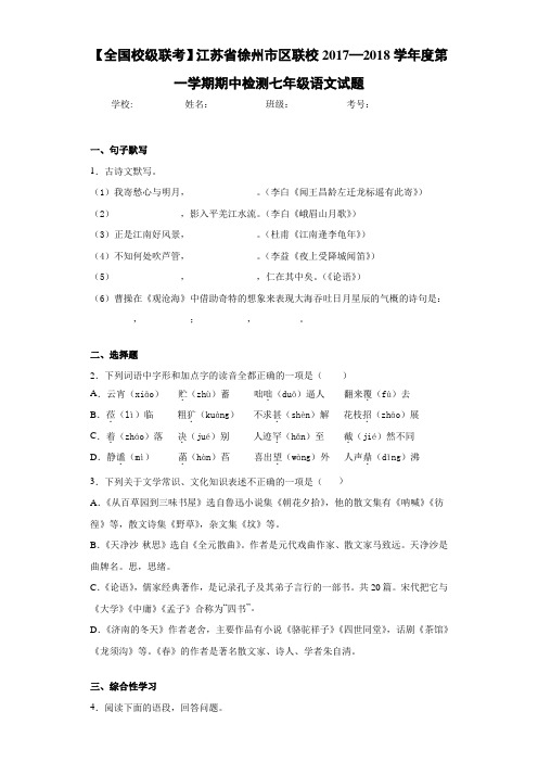 江苏省徐州市区联校2020~2021学年度第一学期期中检测七年级语文试题