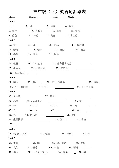 人教版小学三年级下学期英语词汇总表