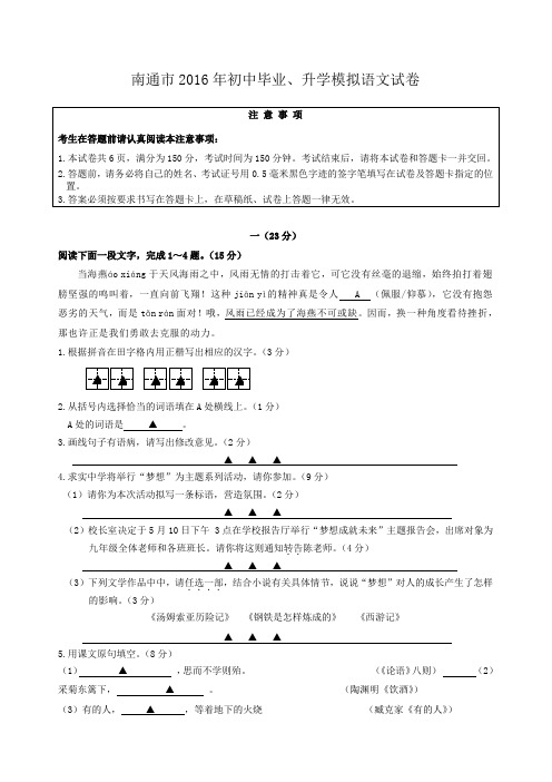 江苏省南通市2016年初中毕业、升学模拟语文试卷(详细答案)