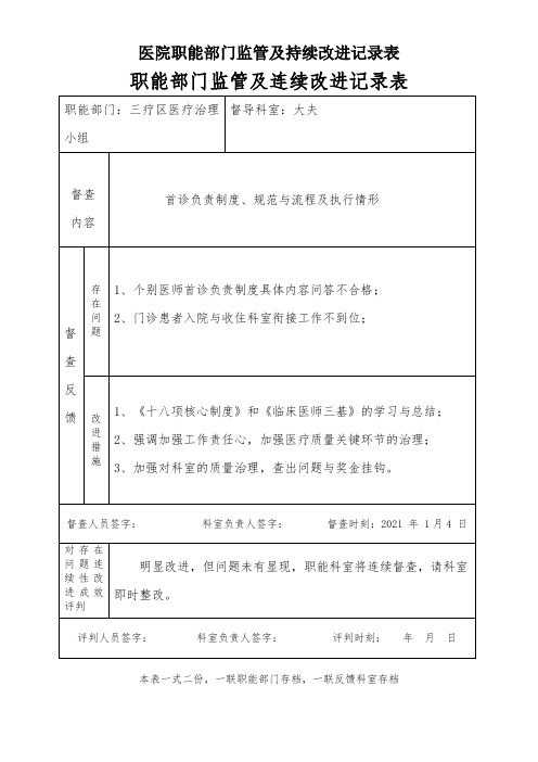 医院职能部门监管及持续改进记录表