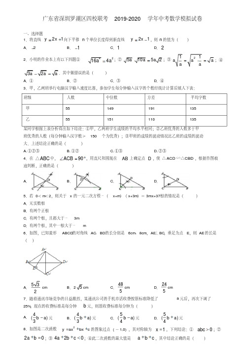 广东省深圳罗湖区四校联考2019-2020学年中考数学模拟试卷