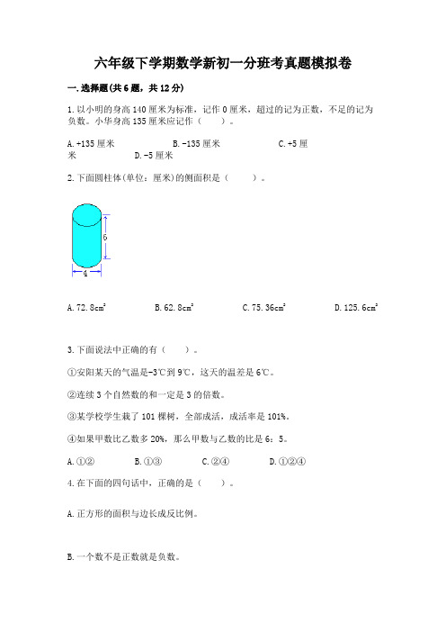 六年级下学期数学新初一分班考真题模拟卷带答案(实用)