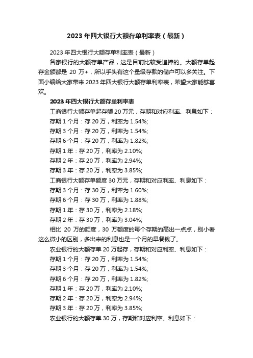 2023年四大银行大额存单利率表（最新）