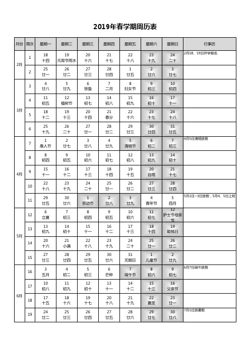 陈滩小学2019年春学期周历表行事历